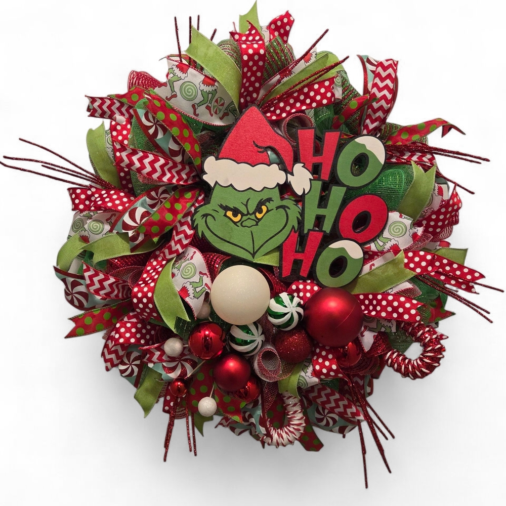 Grinch Holiday Wreath with Red and Green Accents